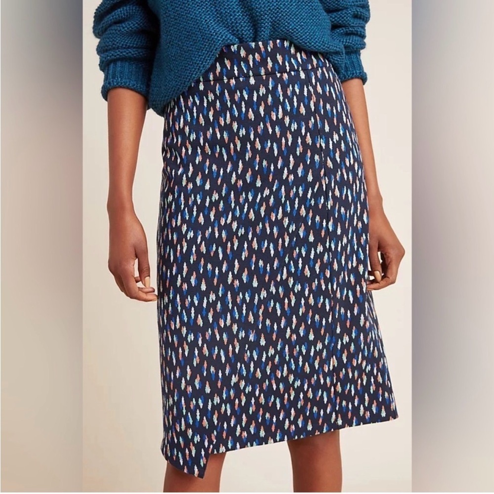 Maeve by Anthropologie Debra Navy Orange Faux Wrap Knit Pencil Skirt